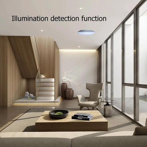 Modern living room with Zigbee 24GHz MmWave Presence Sensor With Body Motion And Static Detection, Luminance Sensing, 16A Relay on ceiling