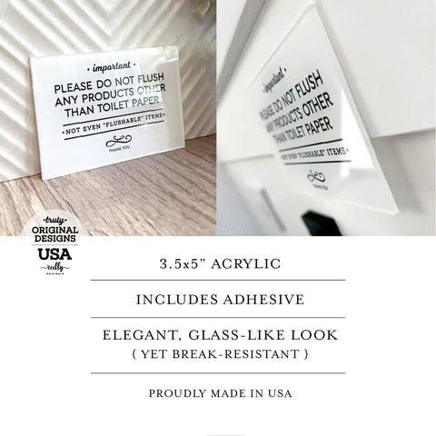 Elegant Acrylic Bathroom Do Not Flush Sign 3.5x5 Inches With Adhesive Pack Of 5, display showing sign and closeup of adhesive backing.