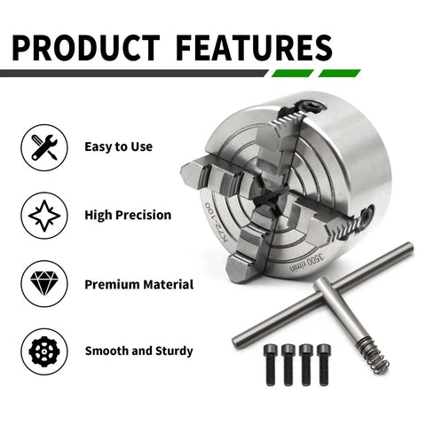 Rugged 100mm Independent Lathe Chuck 4 Jaw Grips 4 Inch Capacity 3500 RPM Hardened Steel Construction shown with features