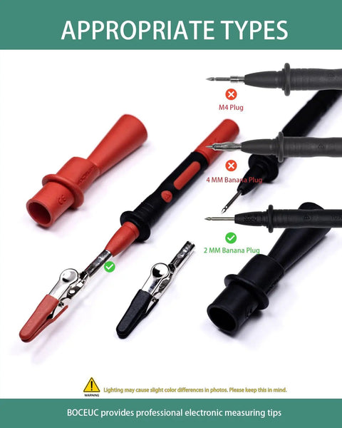 Insulated Alligator Clips For Multimeter With 2mm Probe Tips And Flexible Boots, Nickel Plated Safety Clips, Push In 2mm Plug