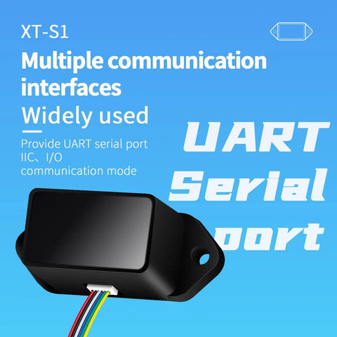 Image of XT-S1 Single Point Lidar Range Finder Sensor with UART serial port interface shown on a blue background.