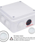 Heavy Duty Abs Plastic Junction Box Featuring IP65 Waterproof Protection And Dustproof Seals For No Sweat Electrical Projects In Crisp White Finish, showing side ports and rubber stoppers.