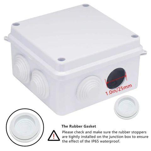 Heavy Duty Abs Plastic Junction Box Featuring IP65 Waterproof Protection And Dustproof Seals For No Sweat Electrical Projects In Crisp White Finish, showing side ports and rubber stoppers.