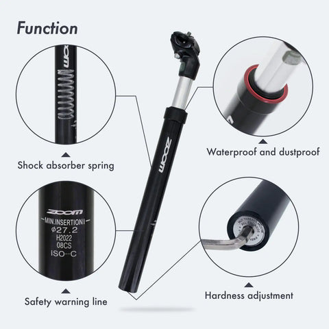 Bike Suspension Seatpost Shock Absorber Damper Post For 27.2 30.9 31.6 Mm Aluminum with features labeled, black head.