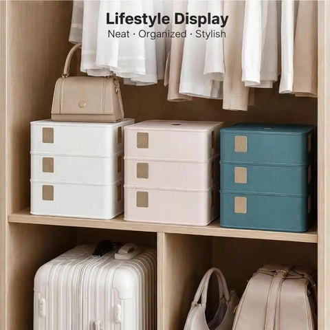 Premium Bra Storage Box With Lid stacked in a closet, elegant organizer for lingerie with soft touch finish.