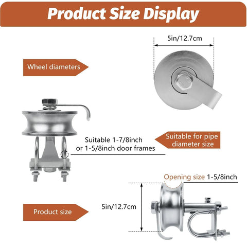 Product size display of Two Piece Sliding Gate Rollers Galvanized Steel Hardware Kit for Two Inch Gate Frame and One Seven Eighths Inch or One Five Eighths Inch Track Pipe with Double U Bolts for Chain Link Gates.