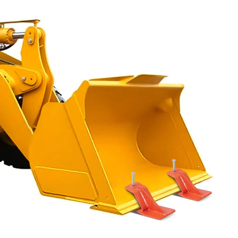 Beefy Heavy Duty Tractor Bucket Edge Protectors Set Of 2 For Snow Removal And Gravel Spreading, Steel Skid Guards attached to loader.