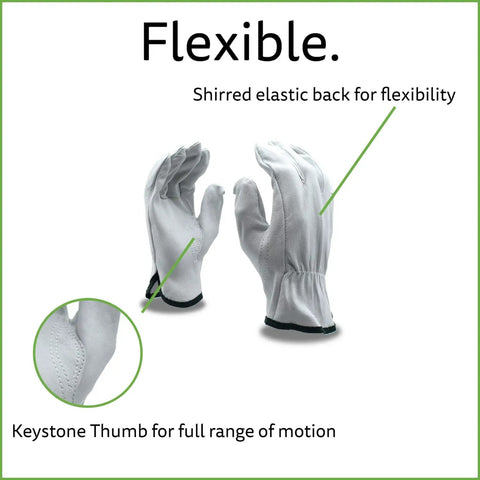 Premium Grain Goatskin Driver Gloves Built For Tough Jobs With Killer Tactile Feel Abrasion Resistant Flexible Shirred Elastic Back Keystone Thumb Unlined Light Gray 12 Pack Small Size For Precise Comfortable Grip shown with flexible shirred elastic back and keystone thumb.