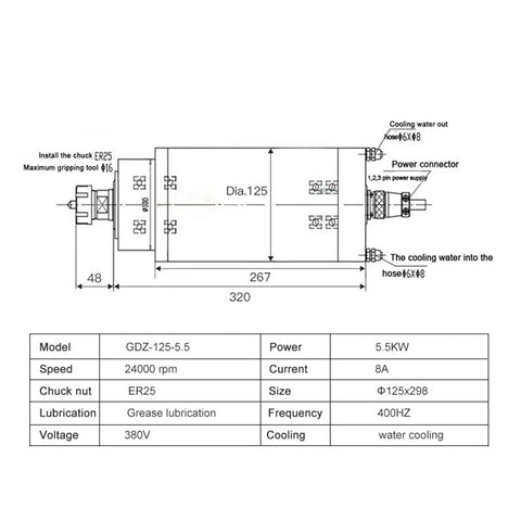 Technical drawing of the Beefy Water Cooled CNC Spindle Motor 5.5KW 220V 380V ER25 Chuck 125x298mm with specs