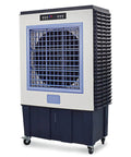 Portable Evaporative Swamp Cooler With Three Speed Fan And High Velocity Outdoor Cooling Pad, dark blue, 90 degree airflow, wheels for mobility.