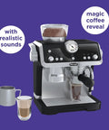 Toy De'Longhi espresso machine playset in black and silver with milk jug and coffee glass