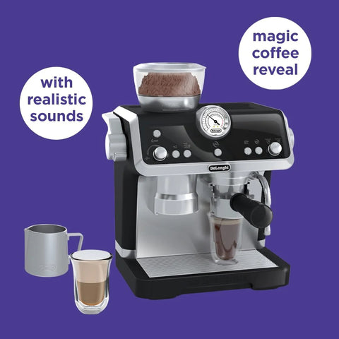 Toy De'Longhi espresso machine playset in black and silver with milk jug and coffee glass