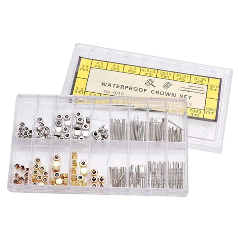 Pro Grade Stainless Steel Watch Crown Kit With Spring Bars And Repair Tools Stem Extender And Crowns Replacement Parts Set For Watches Built Tough For Lasting Performance And Easy Maintenance Crown Sizes Three Point Five And Four Millimeters in case