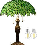 Tiffany Style Table Lamp With Stained Glass Green Wisteria Shade, Vintage Desk Bedside Light With Cool Green Vibe, Metal Antique Green Bronze Base