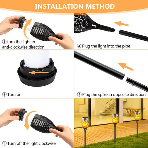Installation steps for Solar Torch Lights With Flickering Flame 16 Pack 12 LED Outdoor Landscape Lighting Tiki Torches