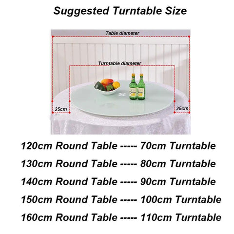 Image showing size suggestions for Rotating Glass Serving Tray For Dining Table 70-120 Cm Tempered Marble Pattern Turntable.