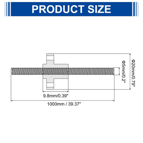 Diagram showing dimensions of Two Pack 1000mm Tr5x1 Lead Screws With Brass Nut 1mm Pitch 304 Stainless Steel Rods for 3D printer upgrades