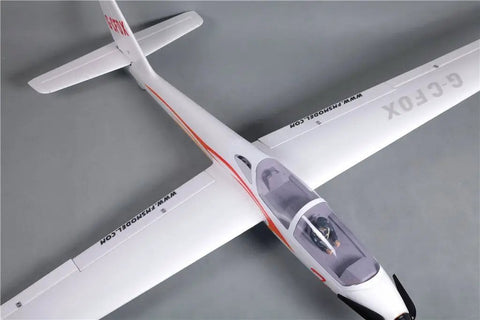 Fox Glider V2 RC Airplane With Flaps 91.4 Inch Wingspan top view showing cockpit and sleek aerodynamic design.
