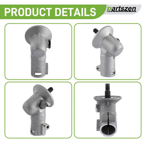 Replacement Gearbox Assembly Fits Husqvarna and Jonsered Trimmers, four angle views, metallic finish