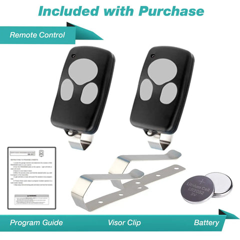 Two 3 Button Garage Door Remotes No Brainer For Popular Openers With Model Numbers 372310 3973C 300643 309884 297134 Easy Install Video Guide FCC Registered USA Aftermarket Replacement with accessories and manual.