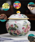 Hand-Painted Floral Ceramic Tea Canister With Legit Airtight Seal For Loose Tea, Coffee Beans, And Pantry Staples, shown with various contents.