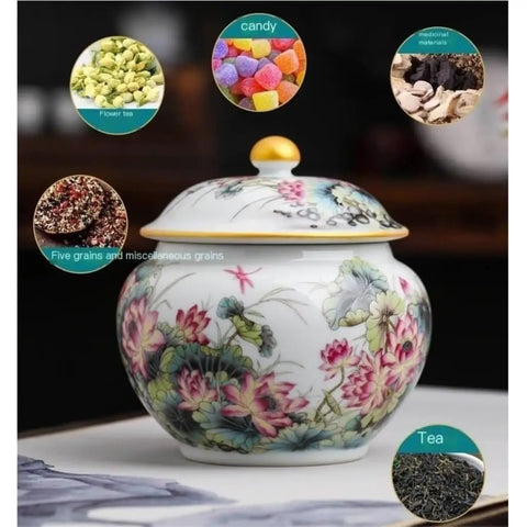 Hand-Painted Floral Ceramic Tea Canister With Legit Airtight Seal For Loose Tea, Coffee Beans, And Pantry Staples, shown with various contents.