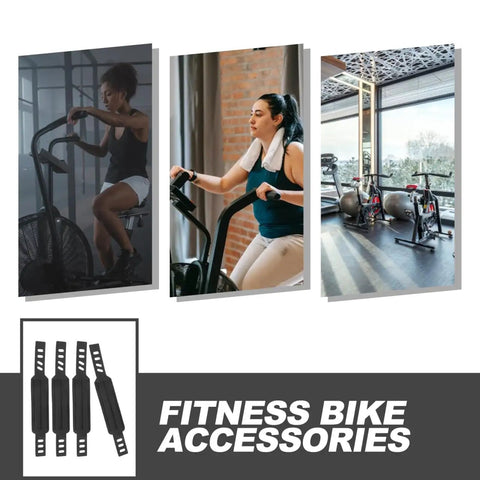 Collage of cyclists using exercise bikes with Anti Slip Bike Pedal Straps, 2 pack footrest straps for gym workouts shown below