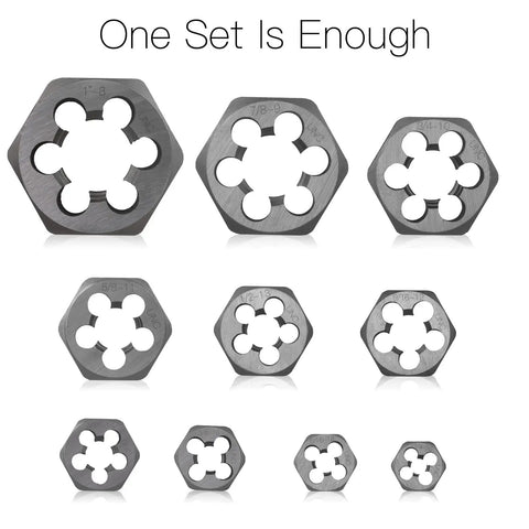 Rethreading Hex Pipe Die Set 10 Pc UNC Right Hand Hex Die Kit With High Carbon Steel In Metal Case For Plumbing Maintenance And Repair Includes One Quarter Inch To One Inch Sizes