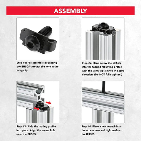 Assembly steps of 1/4-20 End Fastener And Screw Hardware Combo For Aluminum Extrusion T Slot 90 Degree Joint Connector Kit shown on aluminum profiles