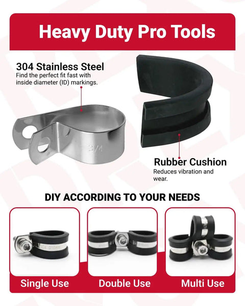 125 Piece Stainless Steel Cable Clamps Assortment Kit with rubber cushioned P clips and vibration dampening EPDM padding display
