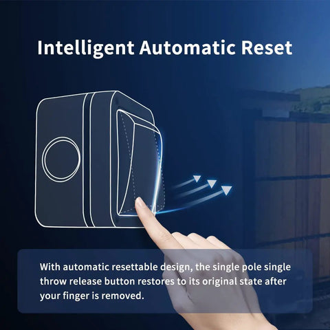 Illustration of Weatherproof Wall Push Button Release Switch with intelligent automatic reset feature.