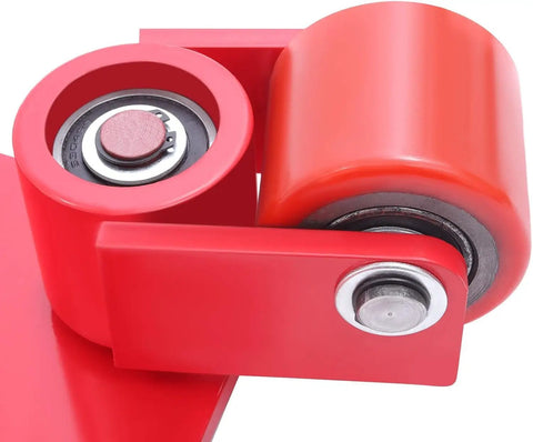 Close-up of swivel PU roller on Heavy Duty Machine Skates Built Like A Tank With Three Swivel PU Rollers For Rock Solid 360 Maneuvers Warehouse Moves That Flow Like Butter Seamless Transportation Up To 4409 Pounds Capacity Red.