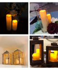 Collage of 12 Pack Waterproof Flameless LED Pillar Candles 2.2 Inch Slim Plastic Battery Powered for home decor