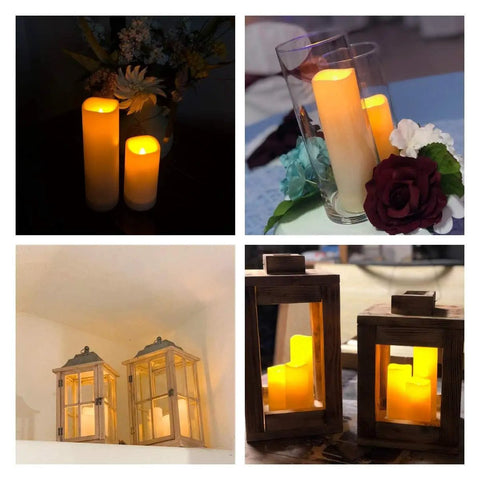 Collage of 12 Pack Waterproof Flameless LED Pillar Candles 2.2 Inch Slim Plastic Battery Powered for home decor