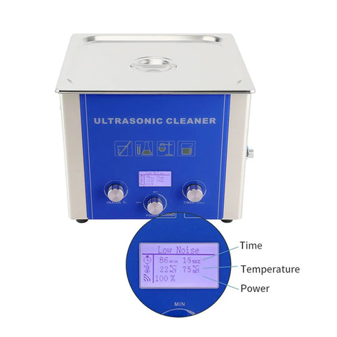 10L Ultrasonic Cleaner Bath With Heat And Degas Features, stainless steel tank with LCD display and controls for cleaning.