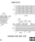 Twin Lock CNC Milling Vise 6 Inch Jaw, Precise Clamping for CNC Milling, Versatile Vertical or Horizontal Mounting, Bed Hardened to RC 45 for Durable Rock Solid Workholding in Milling Projects technical dimension drawing with 3/4 inch handle hex