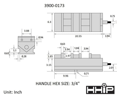 Twin Lock CNC Milling Vise 6 Inch Jaw, Precise Clamping for CNC Milling, Versatile Vertical or Horizontal Mounting, Bed Hardened to RC 45 for Durable Rock Solid Workholding in Milling Projects technical dimension drawing with 3/4 inch handle hex