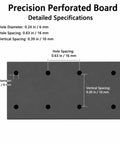 Detailed specifications of Precision Perforated Board showing hole diameter, spacing, and vertical spacing for rust resistant garage rack.