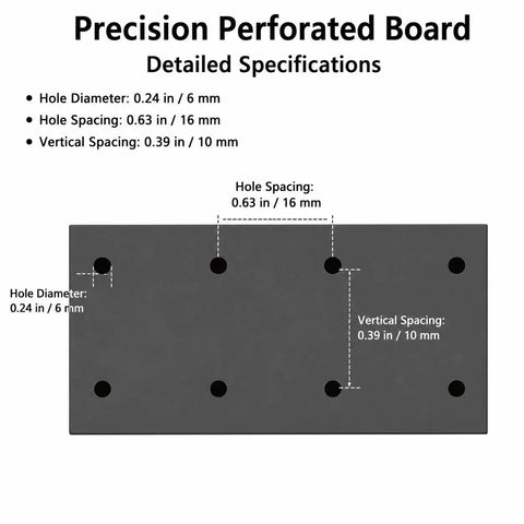 Detailed specifications of Precision Perforated Board showing hole diameter, spacing, and vertical spacing for rust resistant garage rack.