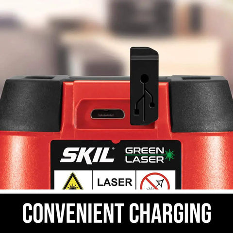 65 Ft Green Cross Line Laser Level With Self Leveling, USB Rechargeable Battery port, focus on charging convenience.