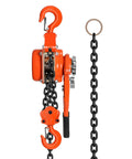 Heavy Duty Manual Lever Hoist with 20ft G80 Chain, orange and black, showing hooks and lever for lifting heavy loads.