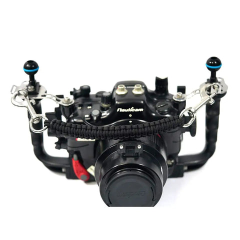 Black rugged underwater camera housing carry lanyard with military grade parachute rope 316 stainless steel swivel eye bolts
