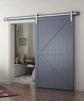 Eight Feet Brushed Nickel Sliding Barn Door Hardware Kit With I Shape Hanger For A 48 Inch Wide Door Panel installed in living room
