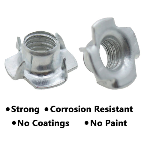M6 4 Pronged T Nuts Set Of 20 Pieces For Woodworking Furniture And Cabinets Includes Adjustable Leveler Pads metal close-up
