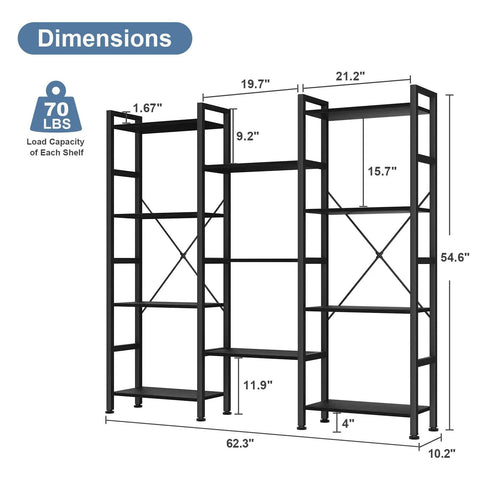 Dimensions diagram of Triple Column 4 Tier Bookshelf With Adjustable Shelves, showing height, width, and shelf depth.