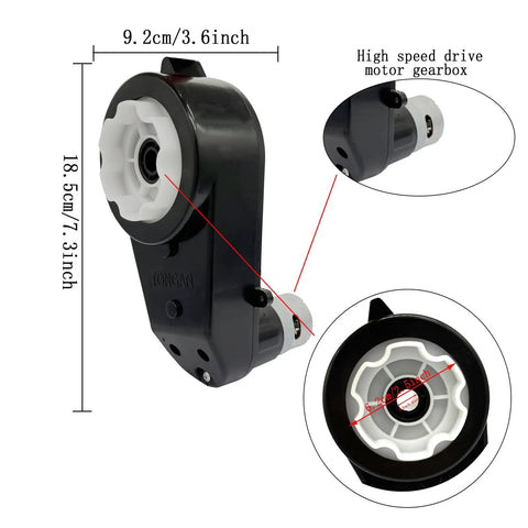 Beefed Up Dual Electric Motor Gearbox For Kids Ride On Cars 12V And 24V showing dimensions and steel middle gear