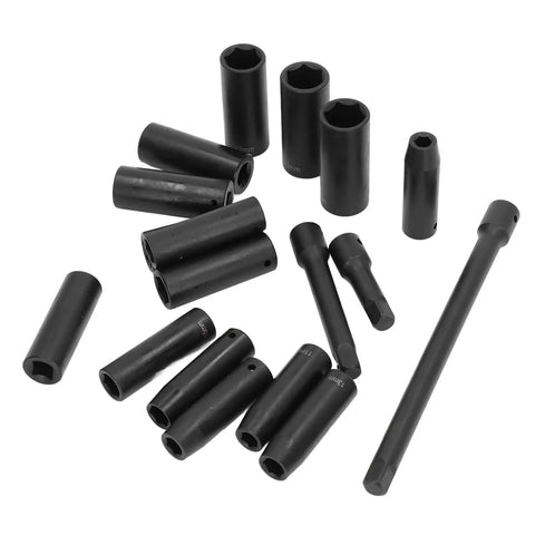 Ditch The Old Kit And Grab This 18 Pcs Drive Socket Set For Real Auto Repairs. Heavy Duty Steel Hex Sockets Range From 10 To 24mm Plus Extension Rods And A Nifty Storage Box For Every Tool Lover Ready For Some Serious Work. black metric socket set with extension rods, 10-24mm