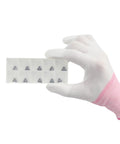 Built Damn Tough Triangle C Angle Cutter Heads Compatible With Pneumatic Chamfering Machines, held in hand, showing storage case with ten blades.