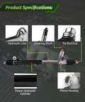 Image showing parts of Direct Fit Steering Rack And Pinion Assembly For 2002-2009 Trailblazer Envoy Rainier Isuzu Ascender Saab 9-7x Premium OE Replacement 221014 Replaces 22-1014, including hydraulic line, steering shaft, tie rod end, power hydraulic cylinder, and pinion housing, highlighted separately.