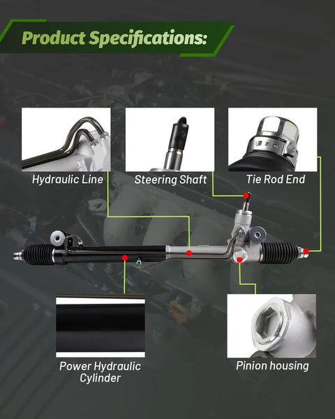 Image showing parts of Direct Fit Steering Rack And Pinion Assembly For 2002-2009 Trailblazer Envoy Rainier Isuzu Ascender Saab 9-7x Premium OE Replacement 221014 Replaces 22-1014, including hydraulic line, steering shaft, tie rod end, power hydraulic cylinder, and pinion housing, highlighted separately.
